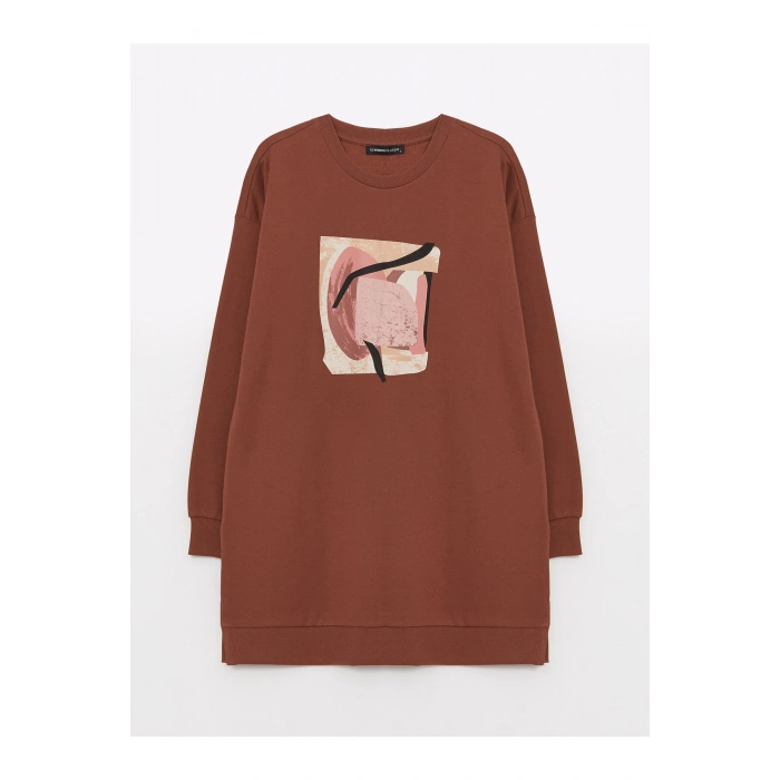 Bisiklet Yaka Baskılı Uzun Kollu Oversize Kadın Sweatshirt Tunik