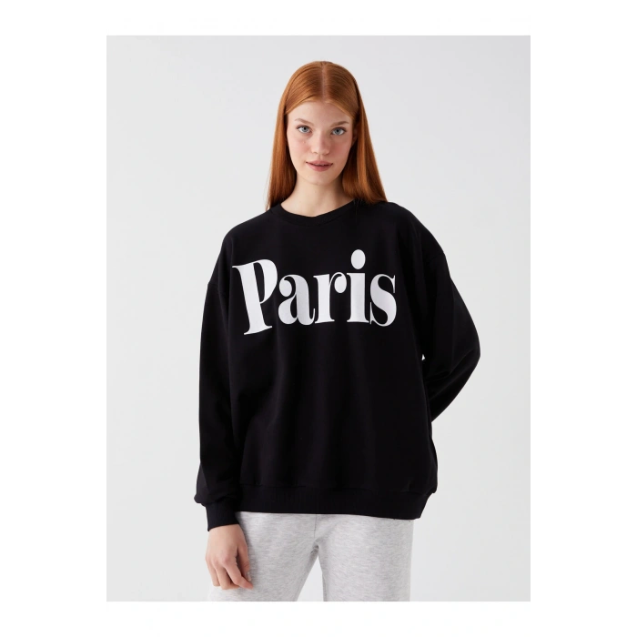 Bisiklet Yaka Baskılı Uzun Kollu Oversize Kadın Sweatshirt Tunik