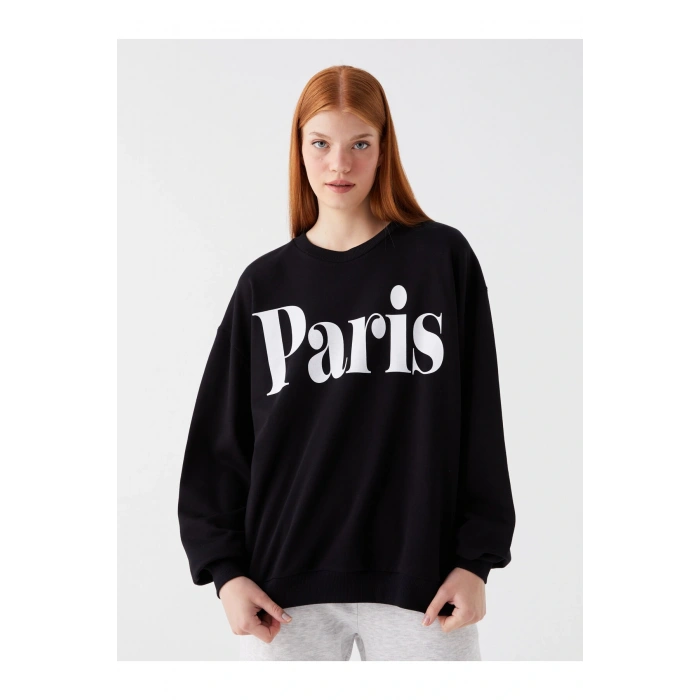 Bisiklet Yaka Baskılı Uzun Kollu Oversize Kadın Sweatshirt Tunik