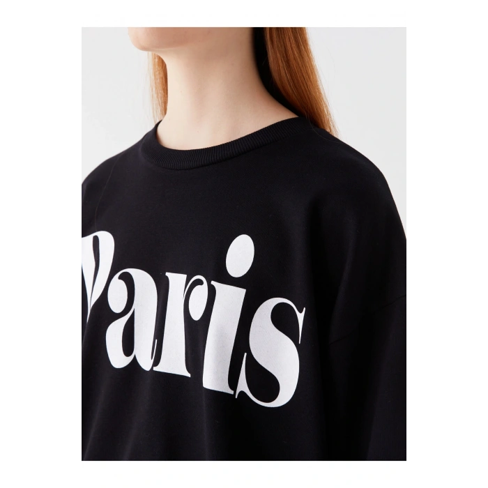 Bisiklet Yaka Baskılı Uzun Kollu Oversize Kadın Sweatshirt Tunik