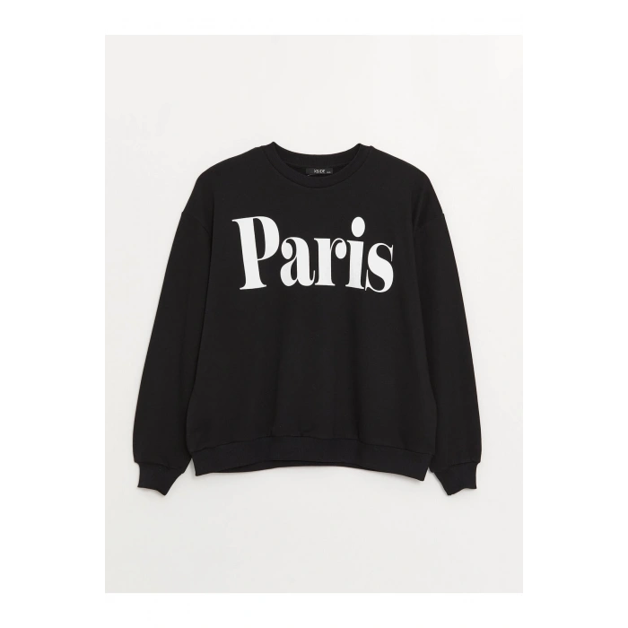 Bisiklet Yaka Baskılı Uzun Kollu Oversize Kadın Sweatshirt Tunik