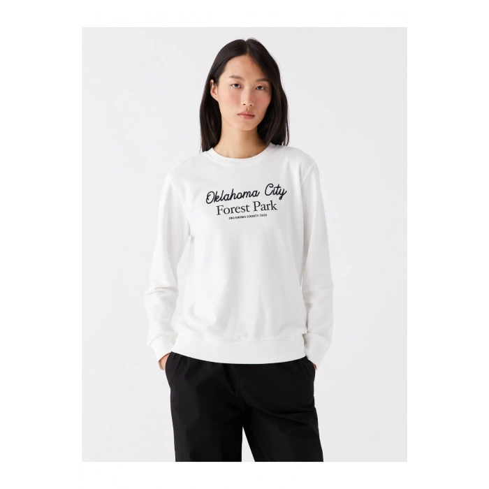 Bisiklet Yaka Baskılı Uzun Kollu Kadın Sweatshirt