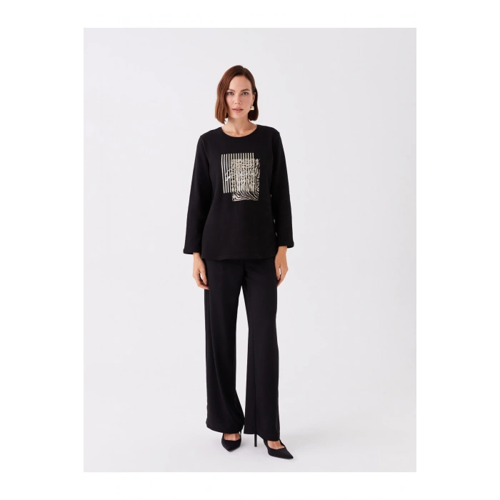 Bisiklet Yaka Baskılı Uzun Kollu Kadın Bluz