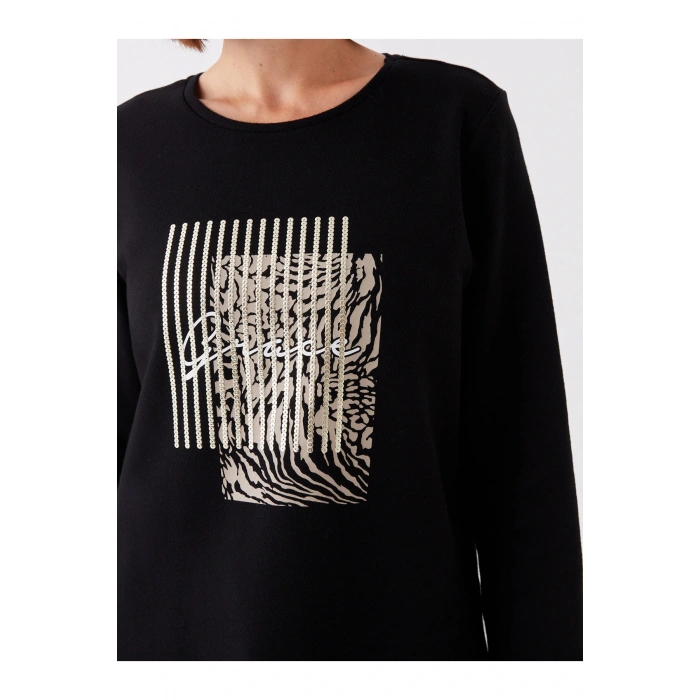 Bisiklet Yaka Baskılı Uzun Kollu Kadın Bluz