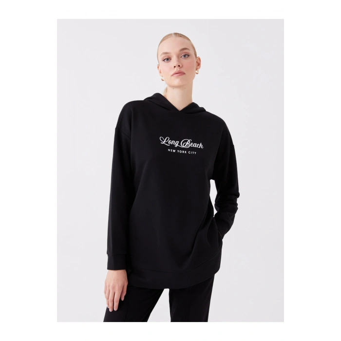 Baskılı Uzun Kollu Oversize Kadın Hoodie