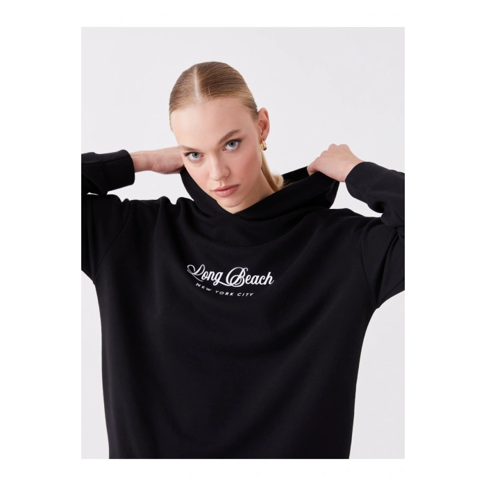 Baskılı Uzun Kollu Oversize Kadın Hoodie