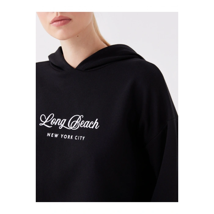 Baskılı Uzun Kollu Oversize Kadın Hoodie