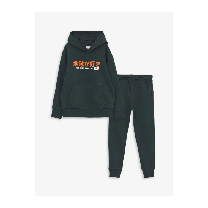 Kapüşonlu Baskılı Uzun Kollu Erkek Çocuk Sweatshirt ve Eşofman Altı