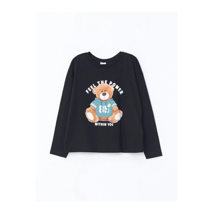 Bisiklet Yaka Baskılı Uzun Kollu Kız Çocuk Tişört