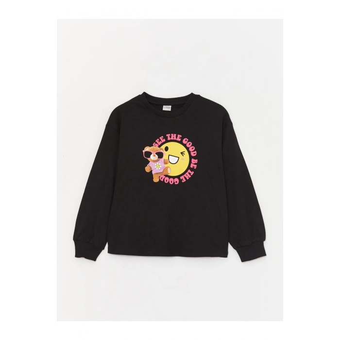 Bisiklet Yaka Baskılı Uzun Kollu Kız Çocuk Tişört