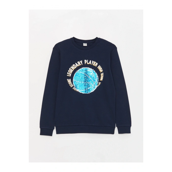 Bisiklet Yaka Pul Payet İşlemeli Uzun Kollu Erkek Çocuk Tişört