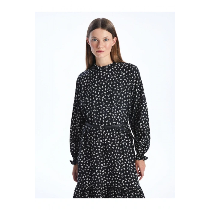 Siyah Baskılı Dik Yaka Desenli Uzun Kollu Kadın Elbise