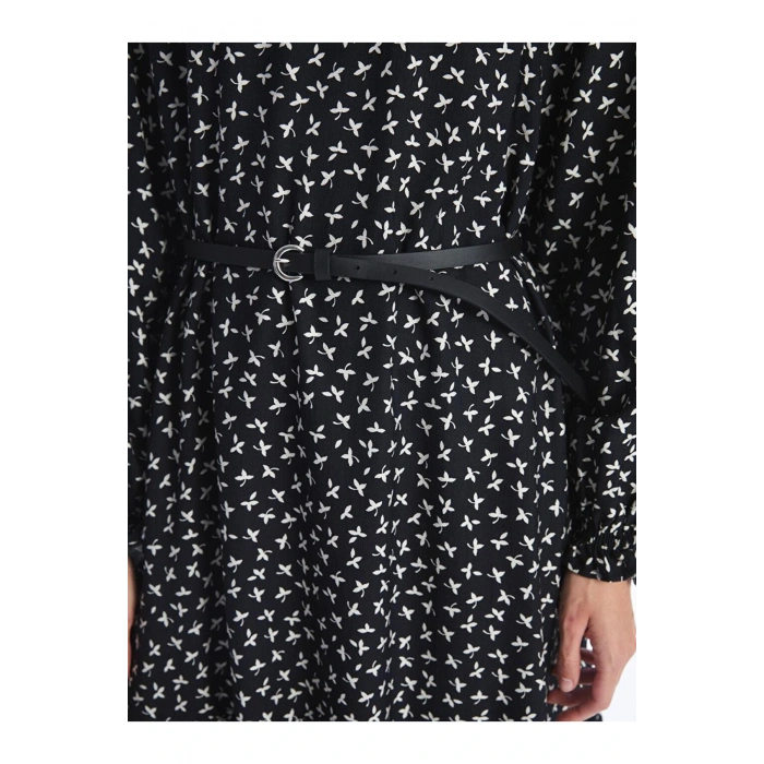 Siyah Baskılı Dik Yaka Desenli Uzun Kollu Kadın Elbise