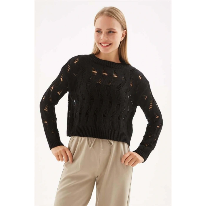 Ajurlu Crop Kazak Siyah