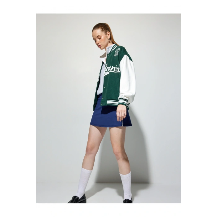 Şardonlu Kolej Ceket Oversize Bomber Yaka Baskılı Çıtçıt Düğmeli