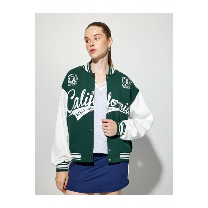 Şardonlu Kolej Ceket Oversize Bomber Yaka Baskılı Çıtçıt Düğmeli