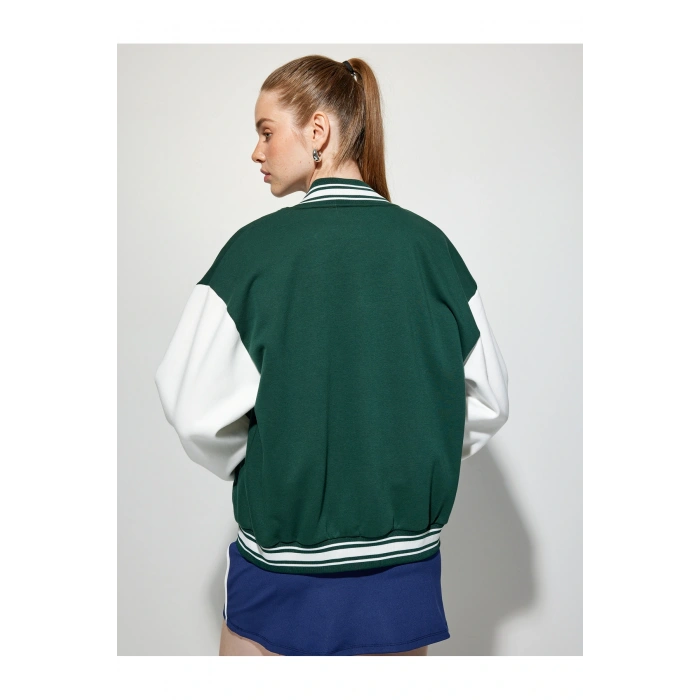 Şardonlu Kolej Ceket Oversize Bomber Yaka Baskılı Çıtçıt Düğmeli