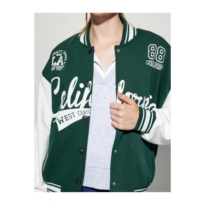 Şardonlu Kolej Ceket Oversize Bomber Yaka Baskılı Çıtçıt Düğmeli
