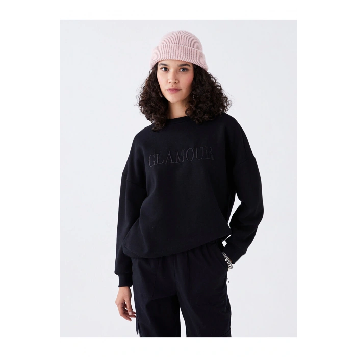 Lw - Bisiklet Yaka Nakışlı Uzun Kollu Oversize Kadın Sweatshirt