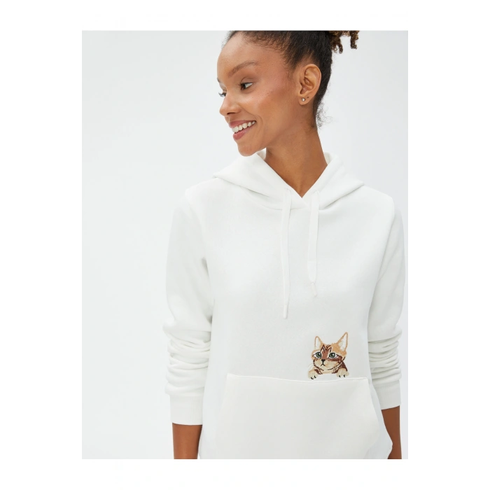 Kapüşonlu Sweatshirt Kanguru Cepli Kedi Nakışlı