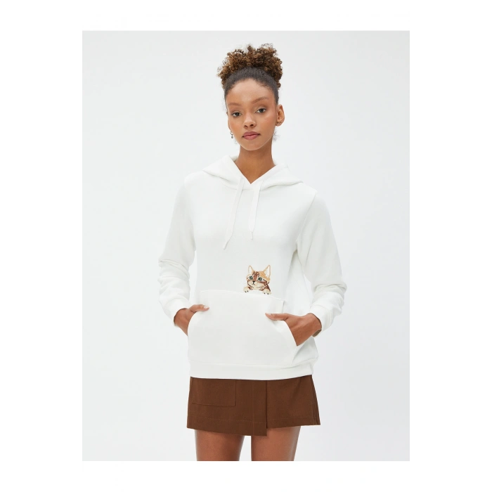 Kapüşonlu Sweatshirt Kanguru Cepli Kedi Nakışlı