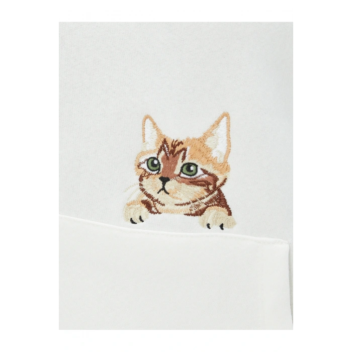 Kapüşonlu Sweatshirt Kanguru Cepli Kedi Nakışlı
