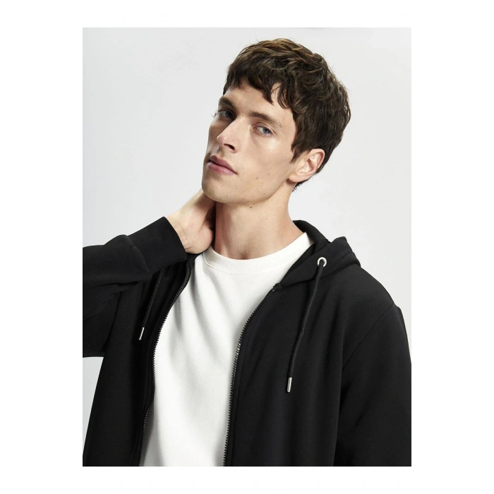 LCWAIKIKI Classic Siyah Kapüşonlu Uzun Kollu Erkek Kalın Fermuarlı Sweatshirt