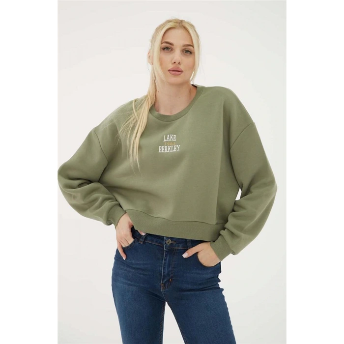 Nakışlı Crop Sweat Haki