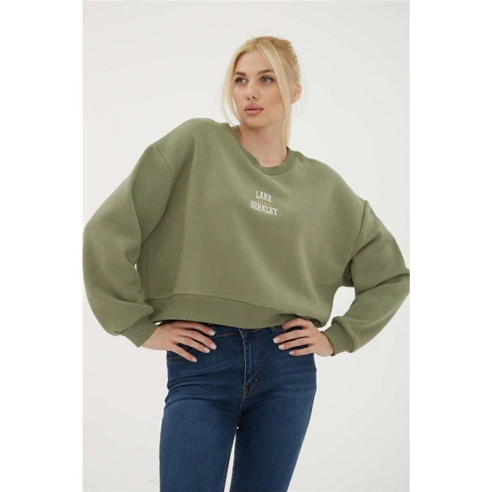 Nakışlı Crop Sweat Haki