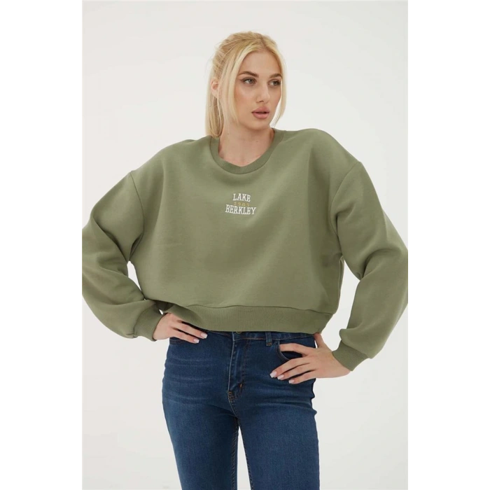 Nakışlı Crop Sweat Haki