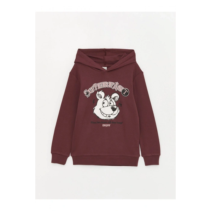 LCW Kids Mürdüm Kapüşonlu Baskılı Uzun Kollu Erkek Çocuk Tişört