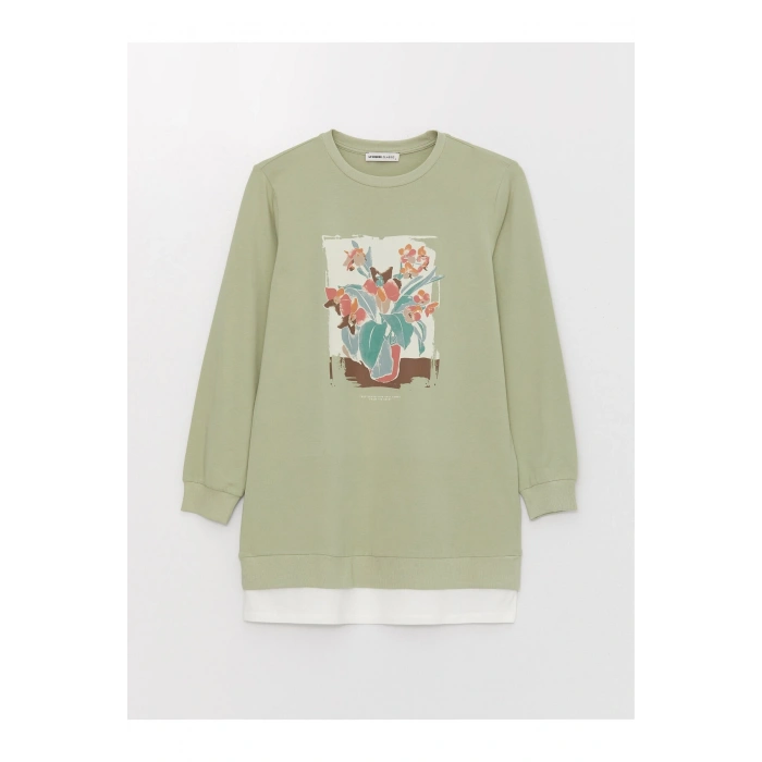 Bisiklet Yaka Baskılı Uzun Kollu Kadın Tunik