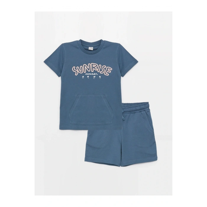 Bisiklet Yaka Baskılı Kısa Kollu Erkek Çocuk Tişört Ve Şort