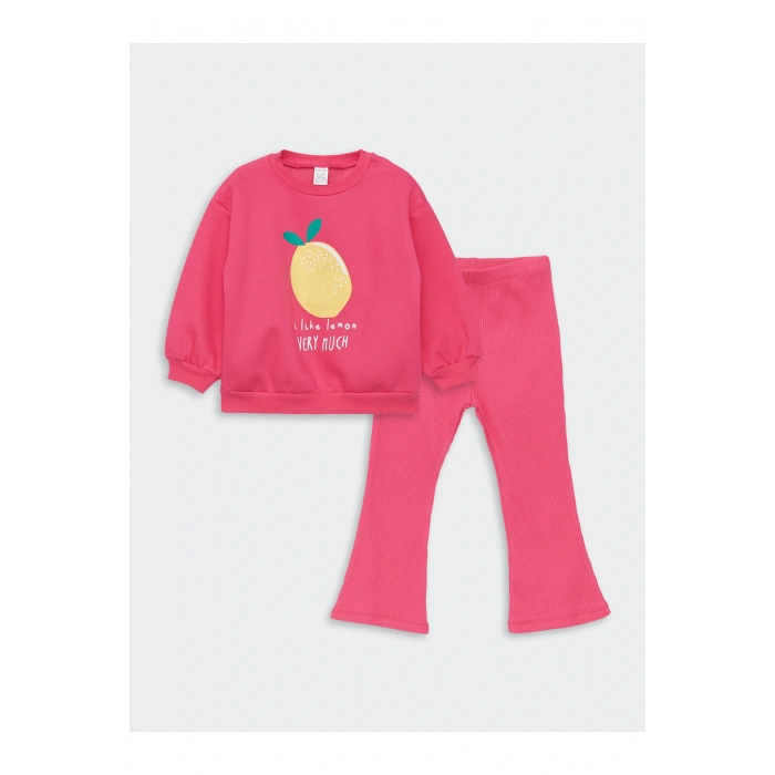 Bisiklet Yaka Uzun Kollu Baskılı Kız Bebek Sweatshirt ve Eşofman Alt 2li Takım