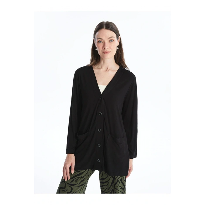 V Yaka Düz Uzun Kollu Kadın Hırka (S4)