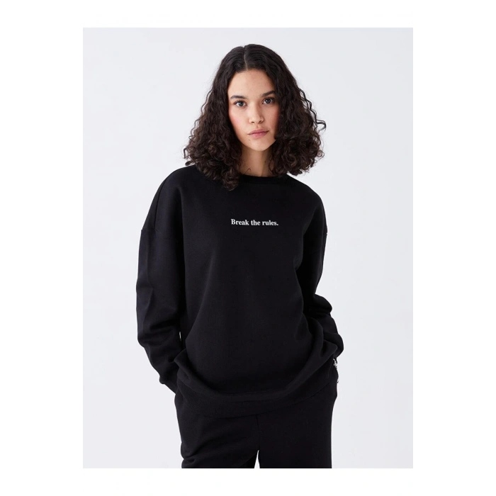 LCW Vision Bisiklet Yaka Baskılı Uzun Kollu Oversize Kadın Sweatshirt