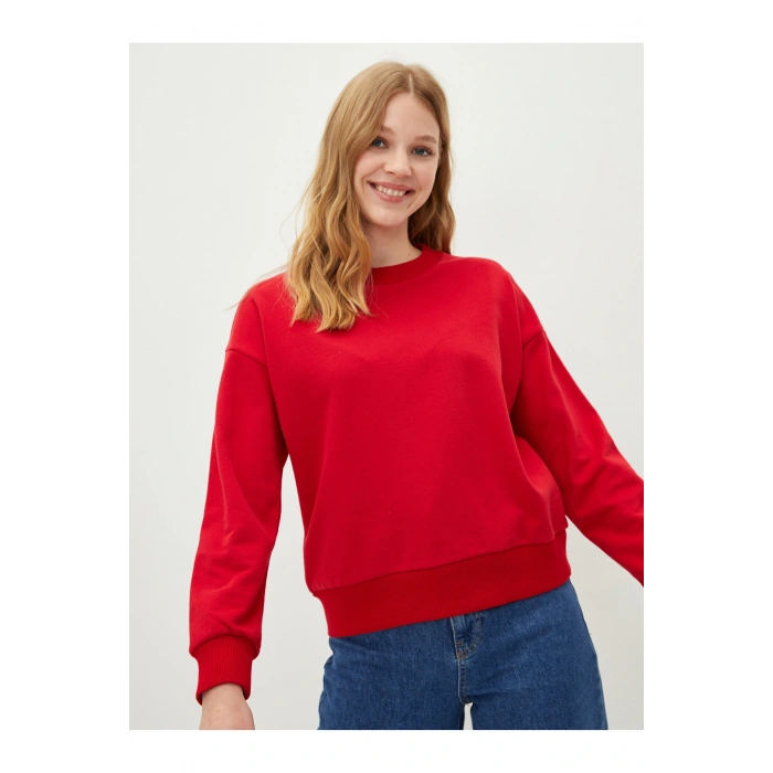 Bisiklet Yaka Düz Uzun Kollu Kadın Sweatshirt