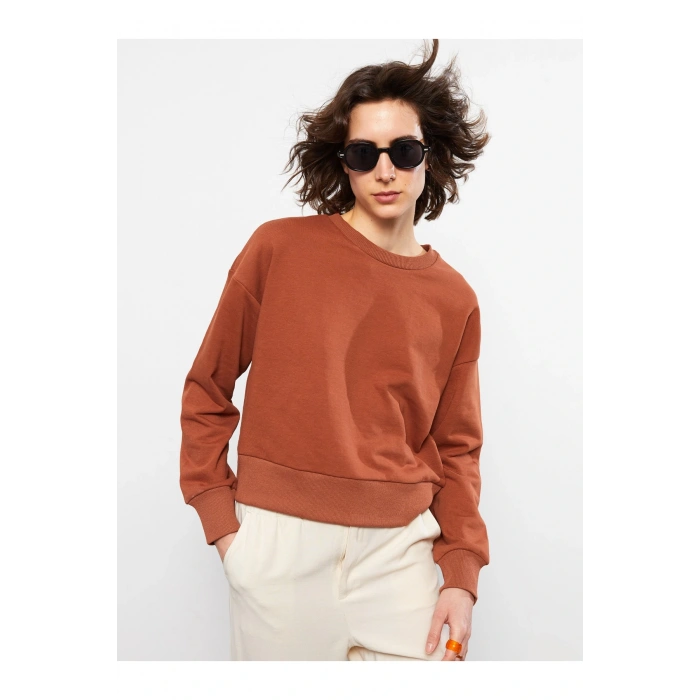 Bisiklet Yaka Düz Uzun Kollu Kadın Sweatshirt