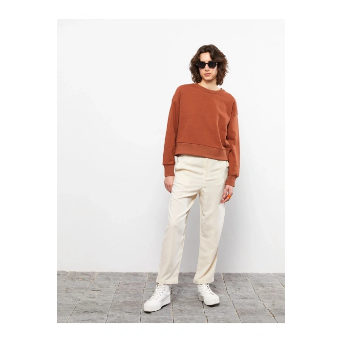 Bisiklet Yaka Düz Uzun Kollu Kadın Sweatshirt