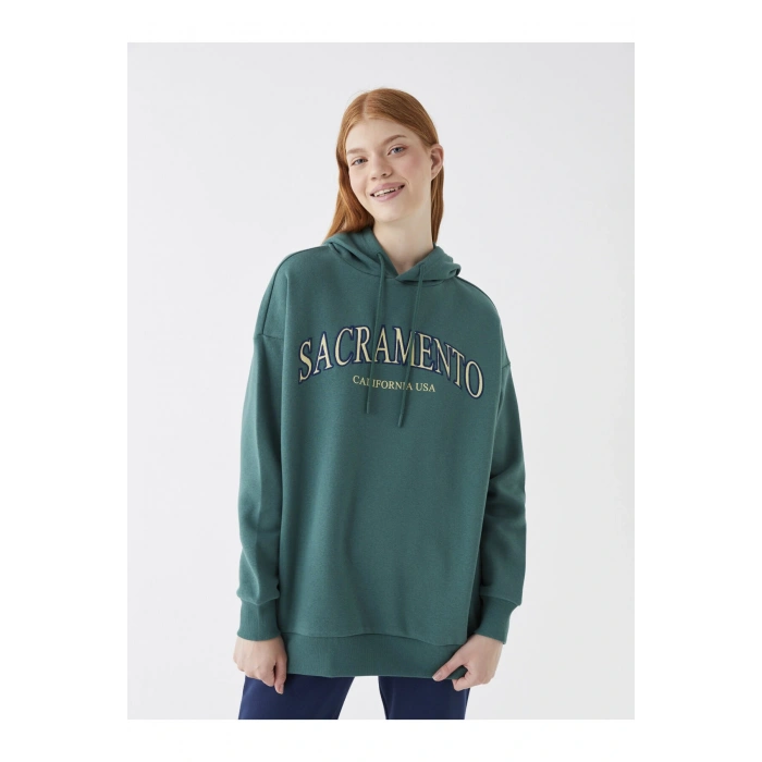 Baskılı Uzun Kollu Oversize Kadın Hoodie