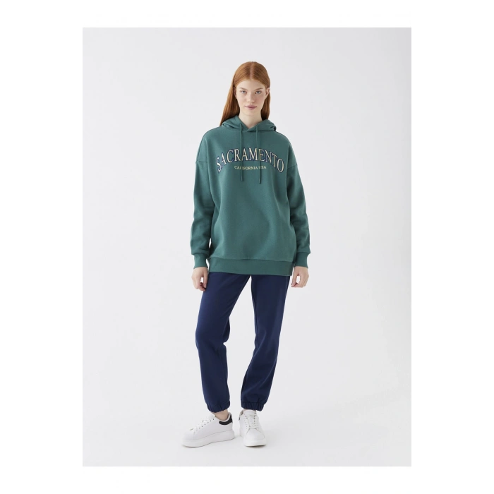 Baskılı Uzun Kollu Oversize Kadın Hoodie