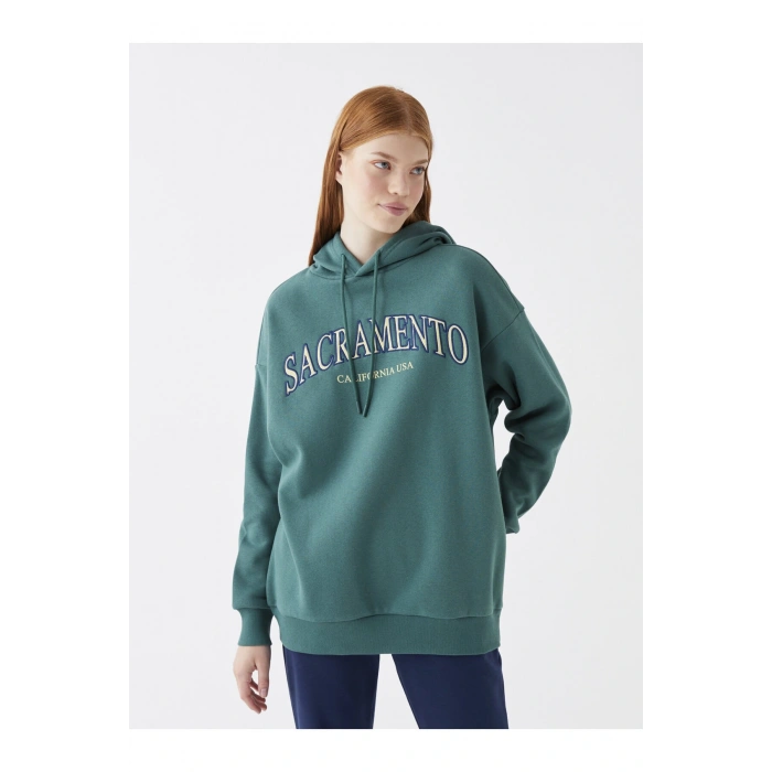 Baskılı Uzun Kollu Oversize Kadın Hoodie