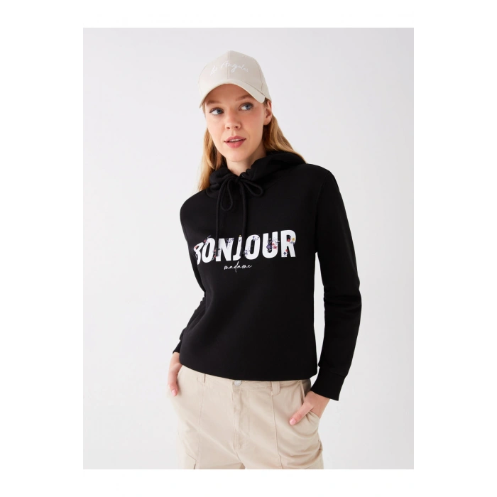 Baskılı Uzun Kollu Kadın Hoodie