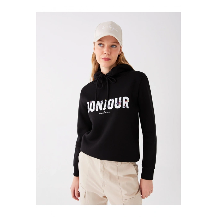 Baskılı Uzun Kollu Kadın Hoodie