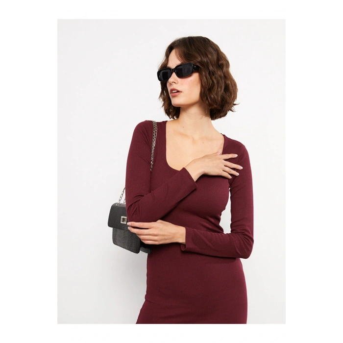 Kare Yaka Düz Uzun Kollu Kadın Bodycon Elbise