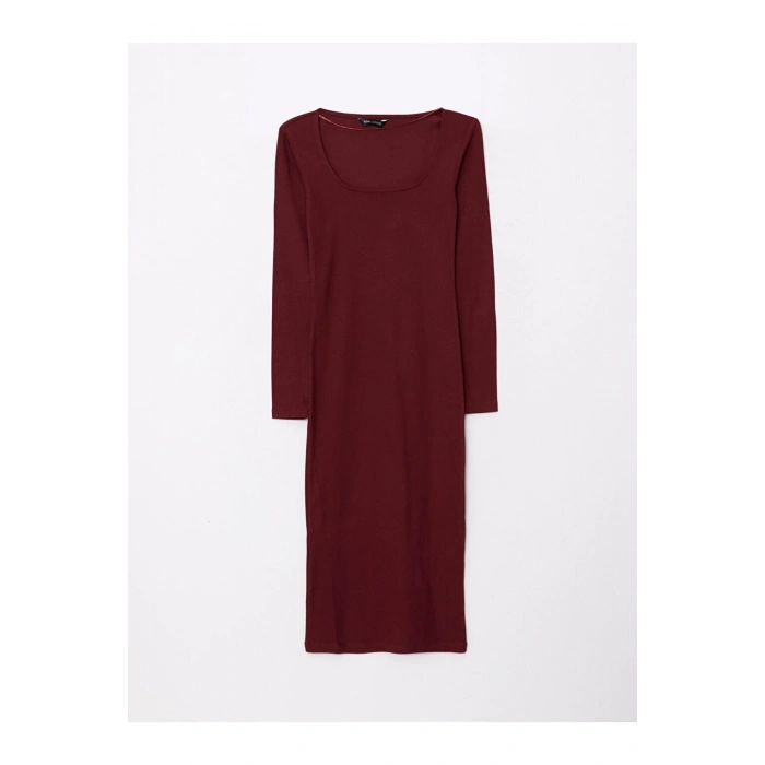 Kare Yaka Düz Uzun Kollu Kadın Bodycon Elbise