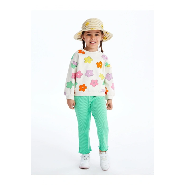 LCW baby Bisiklet Yaka Uzun Kollu Baskılı Kız Bebek Sweatshirt ve Tayt 2li Takım