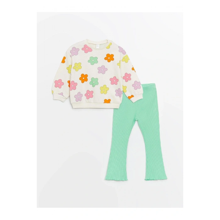 LCW baby Bisiklet Yaka Uzun Kollu Baskılı Kız Bebek Sweatshirt ve Tayt 2li Takım