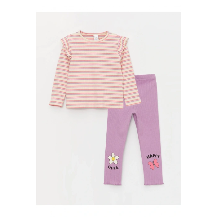 Bisiklet Yaka Uzun Kollu Kız Bebek Tişört ve Tayt 2li Takım