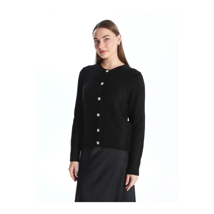 Bisiklet Yaka Düz Uzun Kollu Kadın Triko Hırka